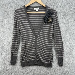 Ann‎ Taylor Loft Striped Knit Cardigan Wool Blend Beaded Bow Buttons XS Petite